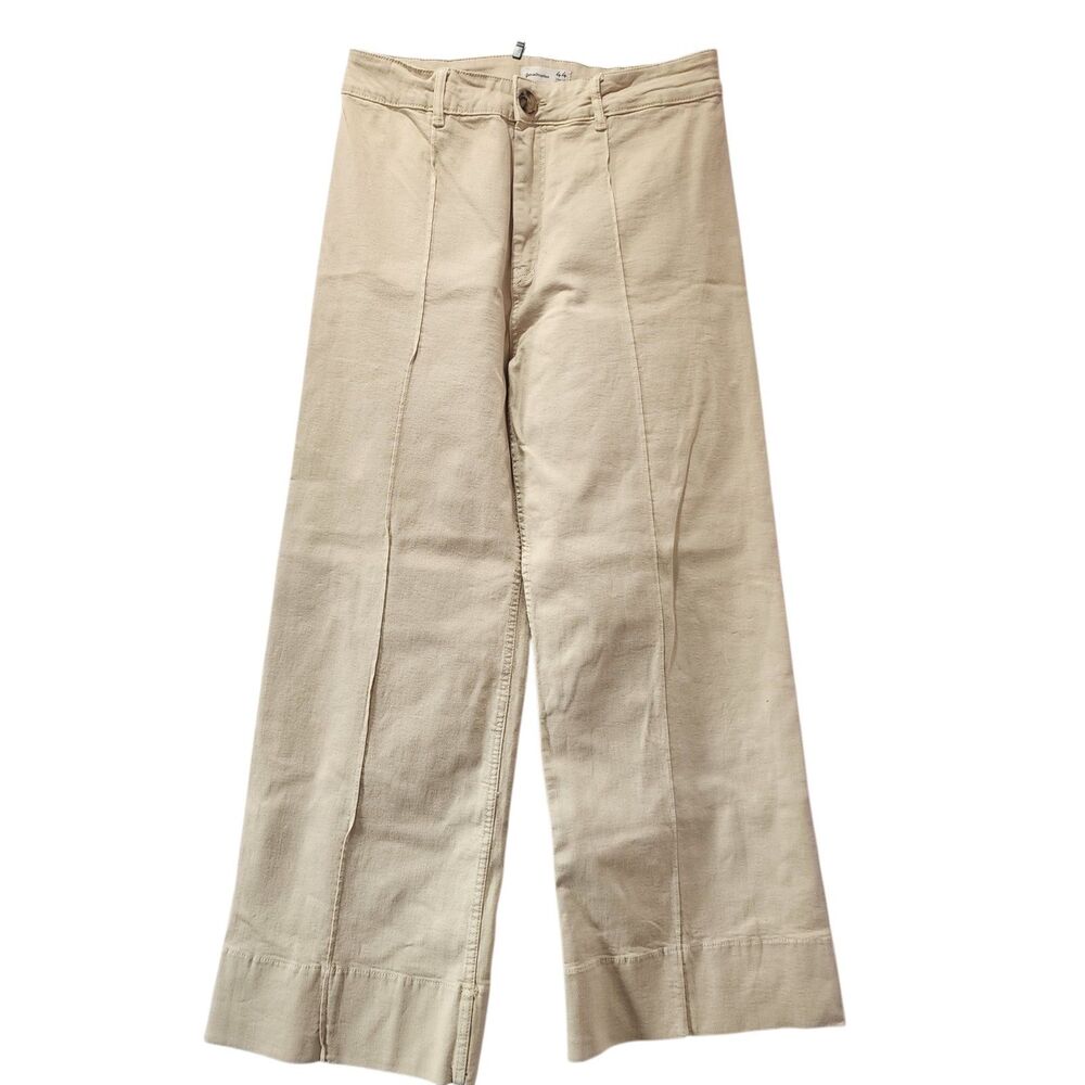 Stradivarius Womens Beige Wide Leg‎ Pants Size 44 US 12 High Rise Seam Front
